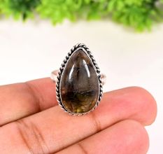 Handmade Silver Plated Ring with Pear Shaped Labradorite Gemstone for Women